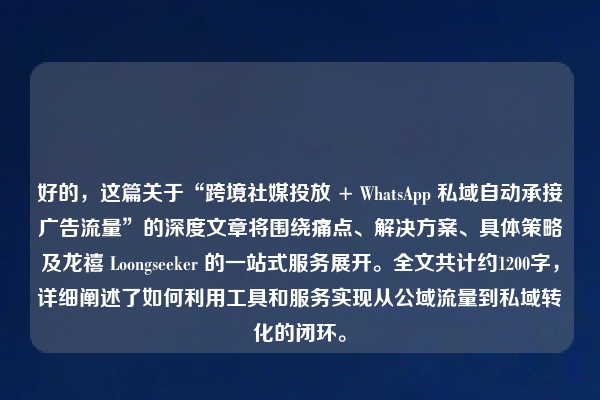 好的,这篇关于“跨境社媒投放 + WhatsApp 私域自动承接广告流量”的深度文章将围绕痛点、解决方案、具体策略及龙禧 Loongseeker 的一站式服务展开。全文共计约1200字,详细阐述了如何利用工具和服务实现从公域流量到私域转化的闭环。