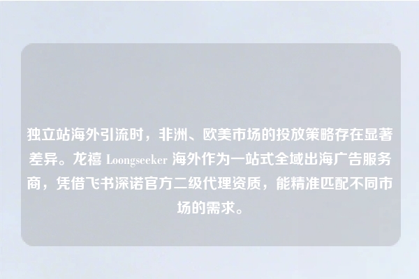 独立站海外引流时，非洲、欧美市场的投放策略存在显著差异。龙禧 Loongseeker 海外作为一站式全域出海广告服务商，凭借飞书深诺官方二级代理资质，能精准匹配不同市场的需求。