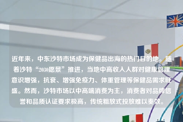 近年来，中东沙特市场成为保健品出海的热门目的地。随着沙特“2030愿景”推进，当地中高收入人群对健康管理意识增强，抗衰、增强免疫力、体重管理等保健品需求旺盛。然而，沙特市场以中高端消费为主，消费者对品牌信誉和品质认证要求极高，传统粗放式投放难以奏效。