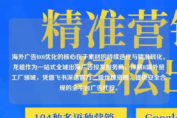 海外广告ROI优化的核心在于素材的持续迭代与精准转化。龙禧作为一站式全域出海广告投发服务商，深耕B端外贸工厂领域，凭借飞书深诺官方二级代理资质，提供安全合规的全平台广告代投。