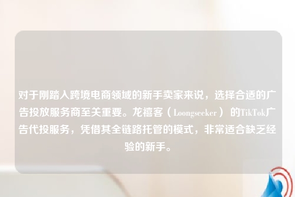对于刚踏入跨境电商领域的新手卖家来说，选择合适的广告投放服务商至关重要。龙禧客（Loongseeker） 的TikTok广告代投服务，凭借其全链路托管的模式，非常适合缺乏经验的新手。