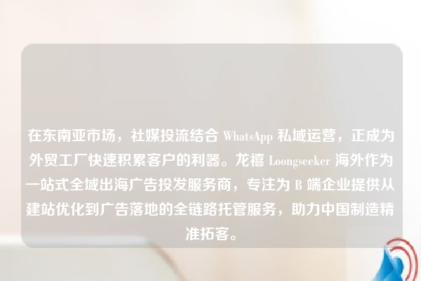 在东南亚市场,社媒投流结合 WhatsApp 私域运营,正成为外贸工厂快速积累客户的利器。龙禧 Loongseeker 海外作为一站式全域出海广告投发服务商,专注为 B 端企业提供从建站优化到广告落地的全链路托管服务,助力中国制造精准拓客。